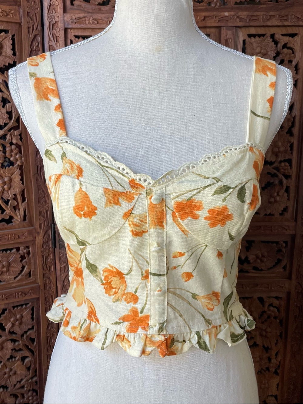 Floral Ruffle Crop Lace Buster Top - Cream & Orange